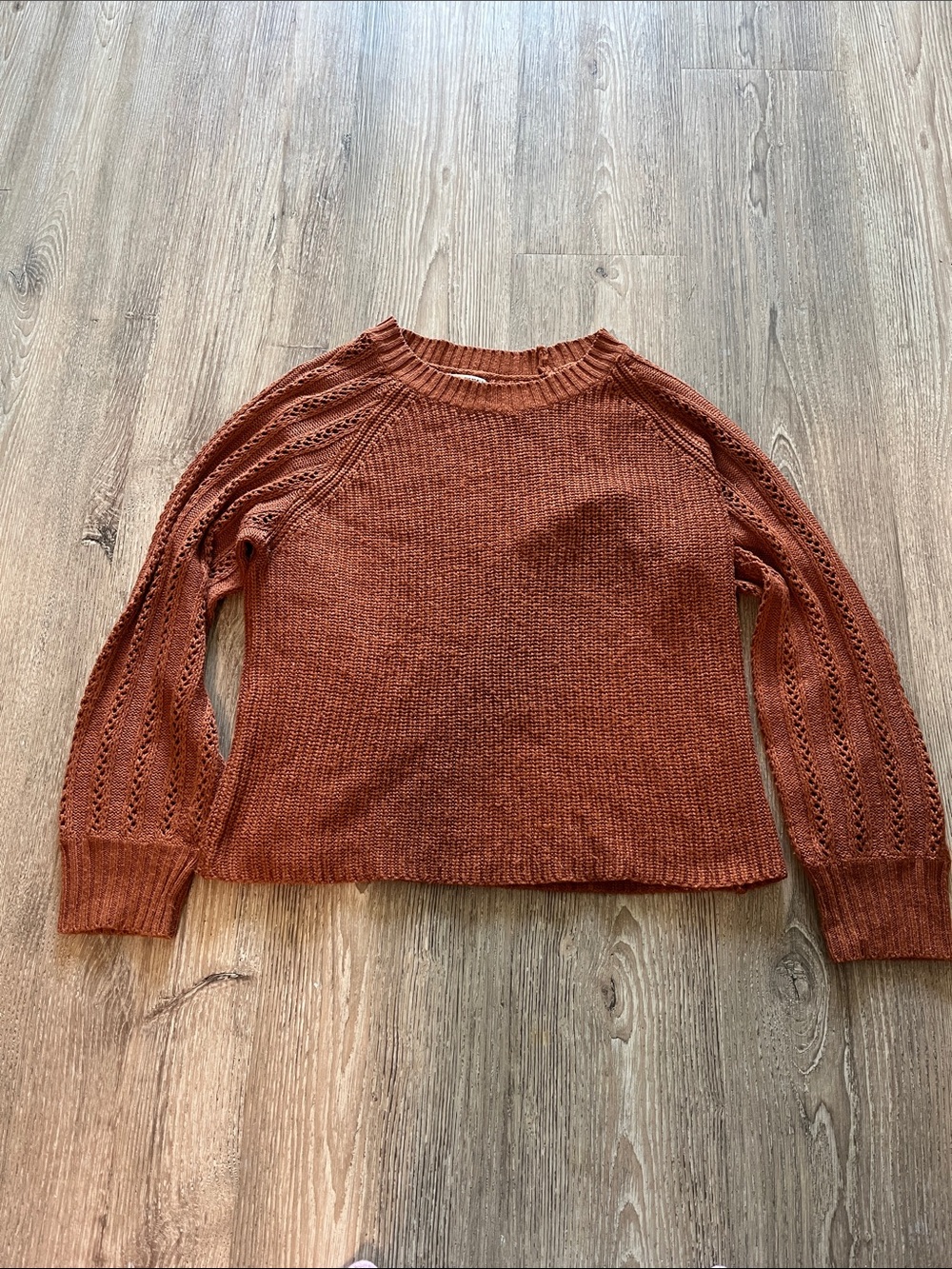 Moral Fiber Burnt Orange Open-Stitch Sleeve Crewneck Sweater